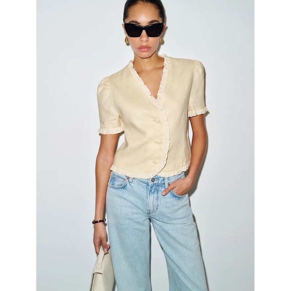 Reformation Linen Ruffle Trim Top Yellow Puff Sleeve Button Front Blouse
